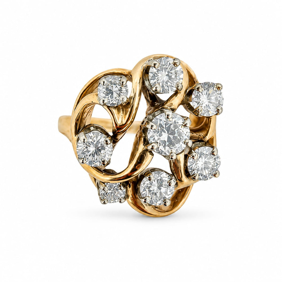 14K Yellow Gold Diamond Cluster Ring, 1.00 ctw Natural Round Diamonds