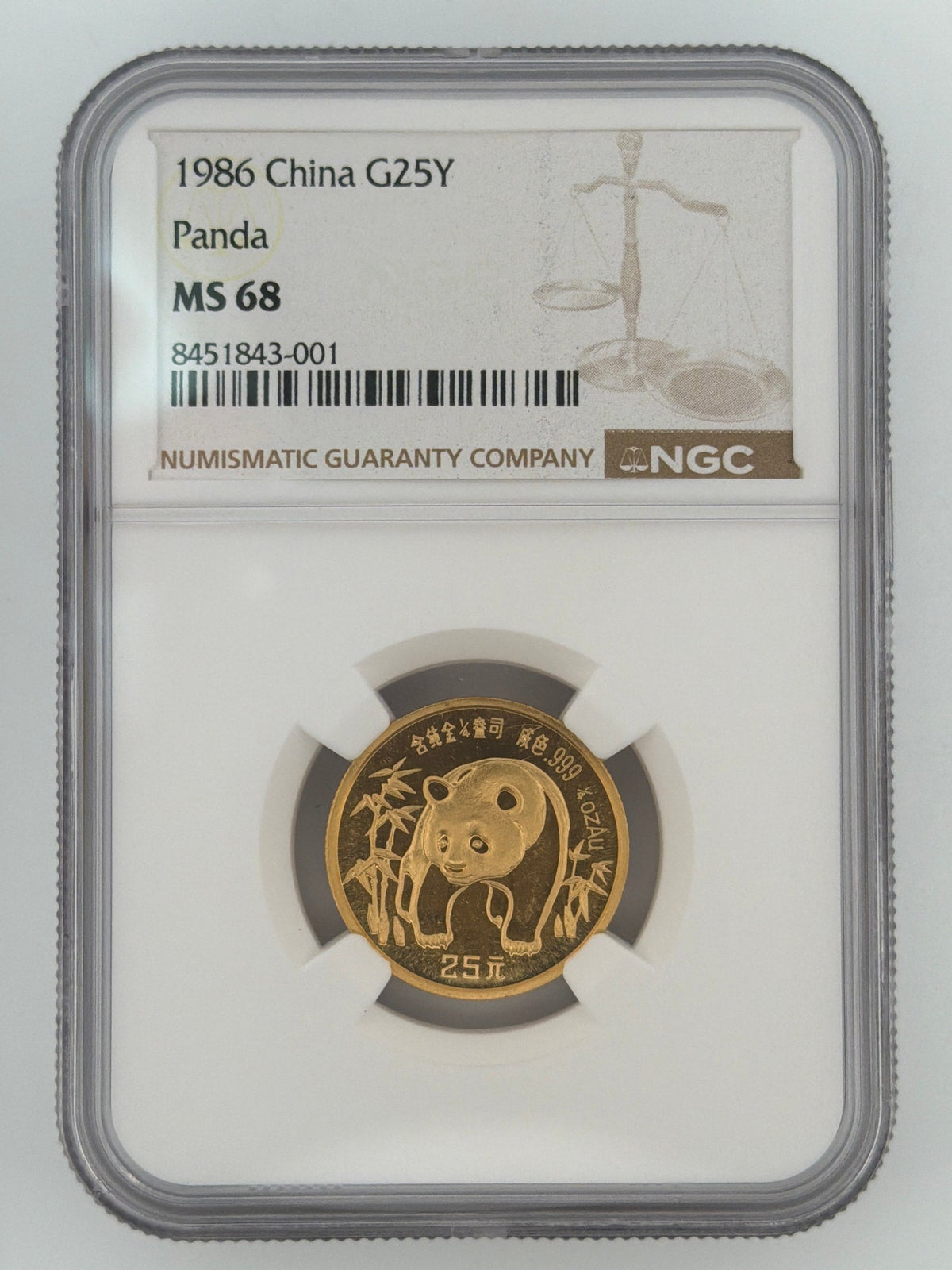 1986 China Gold Panda 25 Yuan (1/4 oz) NGC MS 68