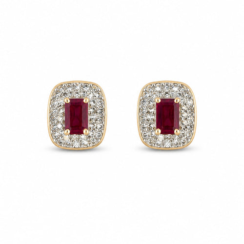 14K Gold Ruby and Diamond Halo Earrings, 1ct Ruby and 1ct Diamonds