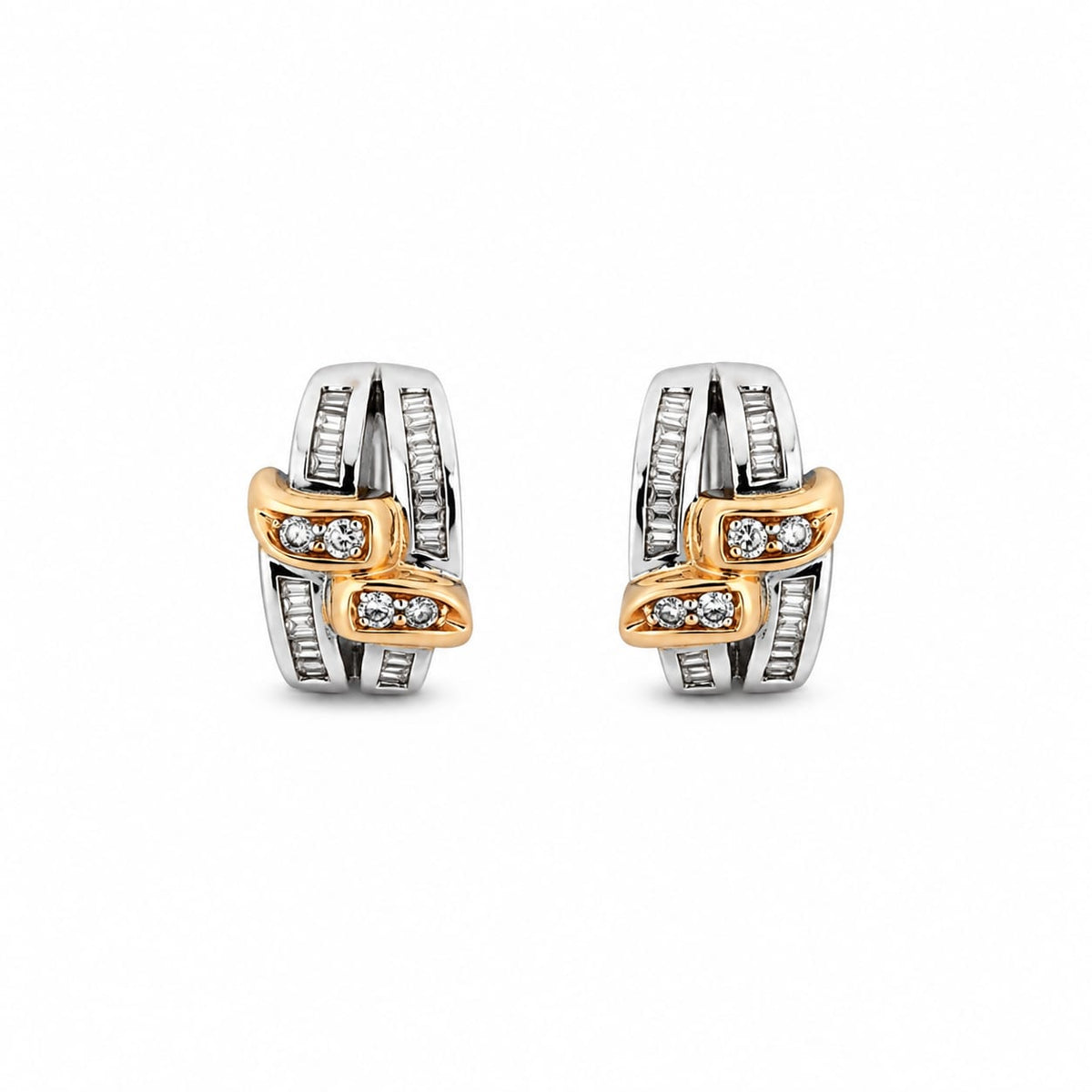 14K Two-Tone Gold Diamond Earrings, Baguette & Round Cut, 1ct Total Weight